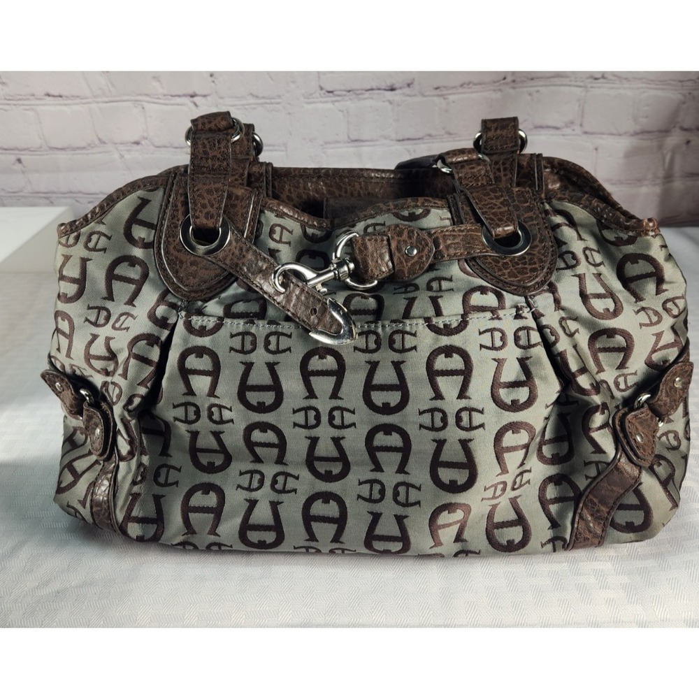 Etienne Aigner Handbag Shoulder Purse Blue gray  Color with Brown Croc Trim